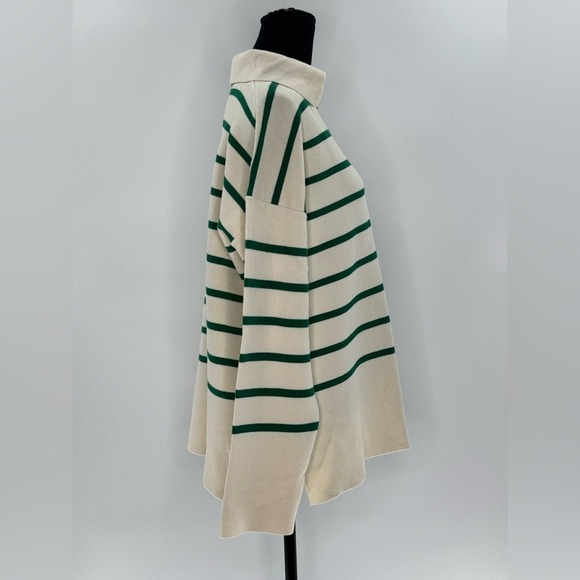 Zara Striped Polo V-Neck Collar‎ Coastal Soft Sweater, Green and White, Size S - Picture 7 of 13